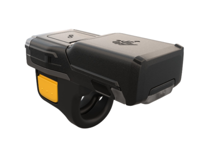 Zebra RS6100 ring scanner with a compact, rugged design, featuring an ergonomic black ring and yellow trigger, ideal for hands-free barcode scanning in fast-paced industrial and warehouse settings