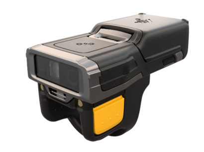 Zebra RS6100 ring scanner featuring a compact, lightweight design with a durable housing and ergonomic yellow trigger, optimized for hands-free barcode scanning in industrial and warehouse environments.