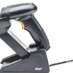Star Micronics BSH-32B Wireless Handheld 2D Barcode Scanner with charging cradle, featuring an ergonomic design and high-speed scanning capabilities for retail, warehouse, and point-of-sale applications.