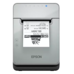Epson TM-L100 Series Linerless Receipt Printer printing a receipt for food delivery, shown in a compact front-facing design ideal for quick service restaurants and retail environments.