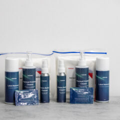 Toshiba thermal printer cleaning kit with label remover, platen roller cleaner, printhead cleaner, isopropyl alcohol wipes, and non-woven cloths – complete maintenance solution for thermal printers.