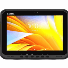 Front view of Zebra ET60/ET65 rugged enterprise tablet with 10-inch high-brightness touchscreen, programmable buttons (P1–P3), front-facing camera, and reinforced frame—designed for demanding industrial, warehouse, and field mobility applications.