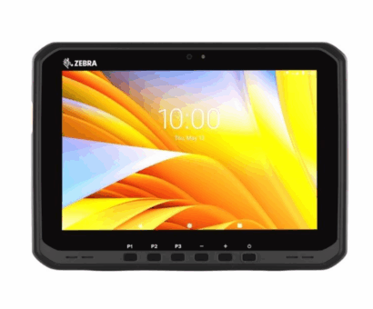 Front view of Zebra ET60/ET65 rugged enterprise tablet with 10-inch high-brightness touchscreen, programmable buttons (P1–P3), front-facing camera, and reinforced frame—designed for demanding industrial, warehouse, and field mobility applications.