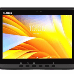 Front view of Zebra ET60 rugged enterprise Android tablet featuring a 10-inch high-resolution display, front-facing camera, programmable physical buttons (P1–P3), and durable design for warehouse, manufacturing, and field service applications.
