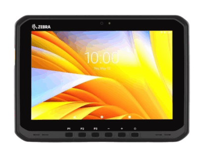 Front view of Zebra ET60 rugged enterprise Android tablet featuring a 10-inch high-resolution display, front-facing camera, programmable physical buttons (P1–P3), and durable design for warehouse, manufacturing, and field service applications.